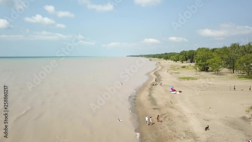 Lake Erie, beach and turbid water after storm. Aerial view. 4k