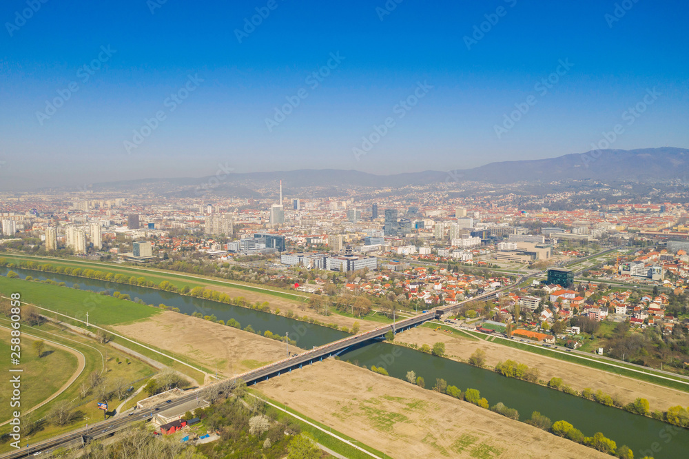 Croatia, Zagreb city, panoramic aerial view of Bundek lake from drone