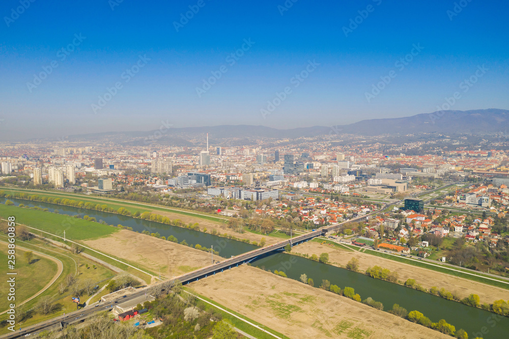 Croatia, Zagreb city, panoramic aerial view of Bundek lake from drone Croatia, Zagreb city, panoramic aerial view of Bundek lake from drone