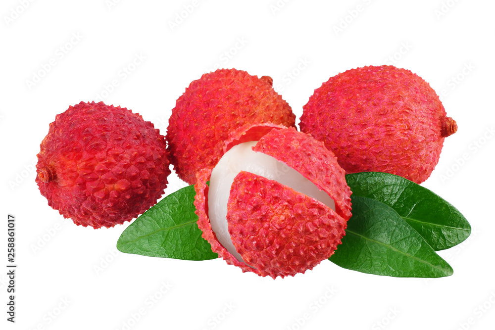 Fresh lychee with leaves isolated on white background. top view Fresh lychee with leaves isolated on white background. top view