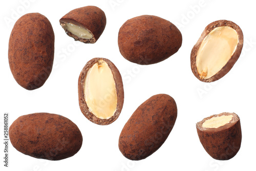 chocolate with almonds isolated on white background. top view