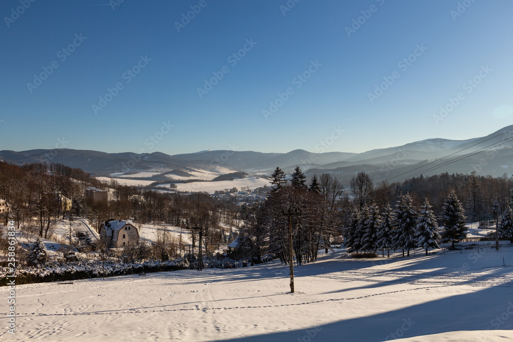 Winter panorama landscape with forest, trees covered snow and sunrise. winterly morning of a new day. winter landscape with sunset, panoramic view