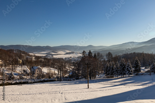 Winter panorama landscape with forest, trees covered snow and sunrise. winterly morning of a new day. winter landscape with sunset, panoramic view