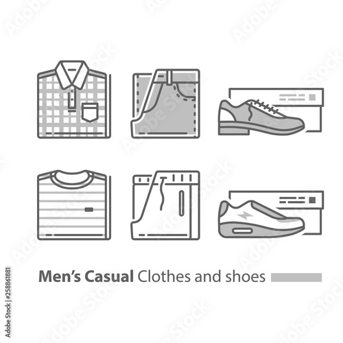 Casual clothing, folded checked shirt and jeans, t-shirt and track bottoms, low shoe and sneakers