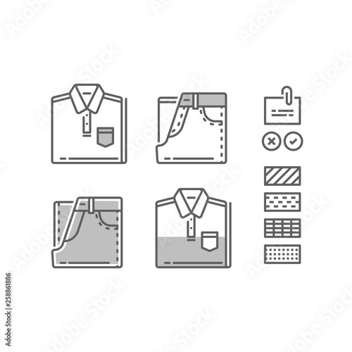 Complementary clothing, casual wear, fashion guide, men wardrobe, outfit combination, folded clothes, shirt and jeans