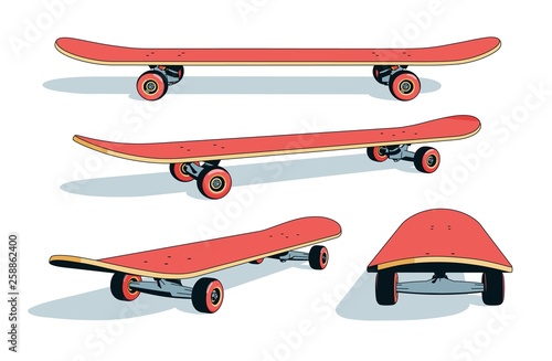 Realistic cartoon skateboard from different angles. Vector illustration.