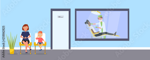 Patients in waiting room flat vector illustration