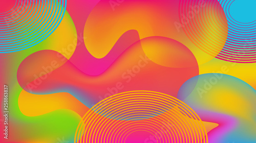Horizontal abstract vibrant multicolor background with liquid shapes. Wallpaper template is neon rainbow color. Vector illustration.