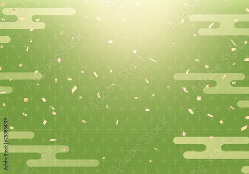 Flying gold confetti on Japanese matcha background