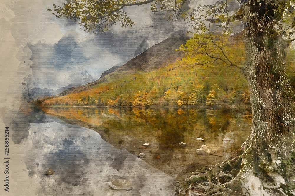 Watercolour painting of Beautiful Autumn Fall landscape image of Lake Buttermere in Lake District England Watercolour painting of Beautiful Autumn Fall landscape image of Lake Buttermere in Lake District England
