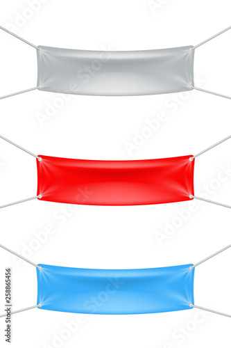 Stretched ropes rag cloth synthetic fabric canvas blank sheet banners with folds vector illustration