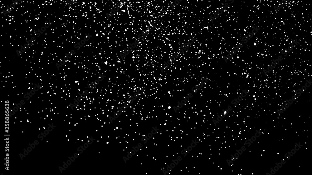 White Grainy Texture Isolated On Black Background. Dust Overlay. Light Coloured Noise Granules. Snow Vector Elements. Digitally Generated Image. Illustration, Eps 10.