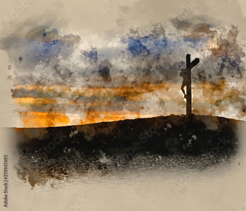 Canvas Print Watercolour painting of Jesus Christ Crucifixion on Good Friday Silhouette refle