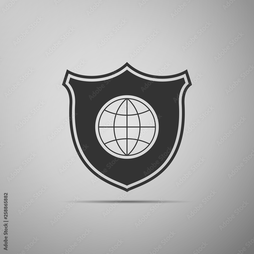 Shield with world globe icon isolated on grey background. Security, safety, protection, privacy concept. Flat design. Vector Illustration Shield with world globe icon isolated on grey background. Security, safety, protection, privacy concept. Flat design. Vector Illustration