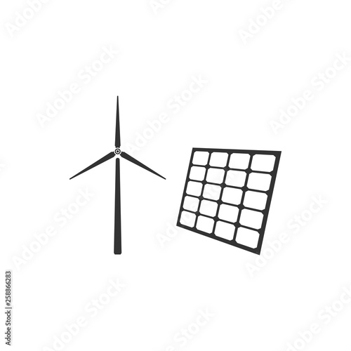 Wind mill turbines generating electricity and solar panel icon isolated. Energy alternative, concept of renewable energy. Flat design. Vector Illustration