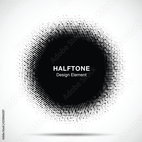 Halftone circle frame abstract dots logo emblem design element. Half tone circular icon. Grunge round border using halftone circle dots raster texture. Vector illustration. 