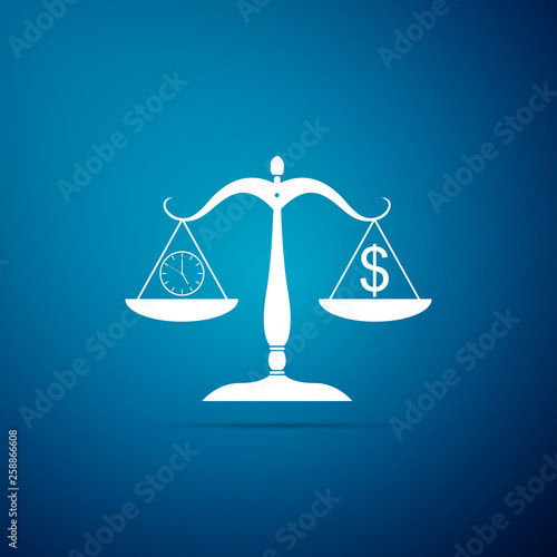 Scale weighing money and time icon isolated on blue background. Scales with hours and a coin. Balance between work and the given time. Business concept. Flat design. Vector Illustration