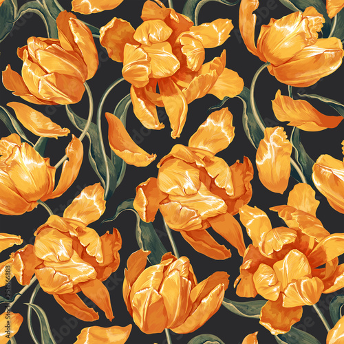 Floral seamless pattern with yellow tulips. Spring, blooming flowers background for fabric, prints, decoration, invitation cards, wallpapers, wrapping paper. Realistic style. Han drawn illustration.