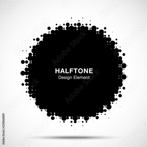 Halftone circle frame abstract dots logo emblem design element. Half tone circular icon. Grunge round border using halftone circle dots raster texture. Vector illustration. 
