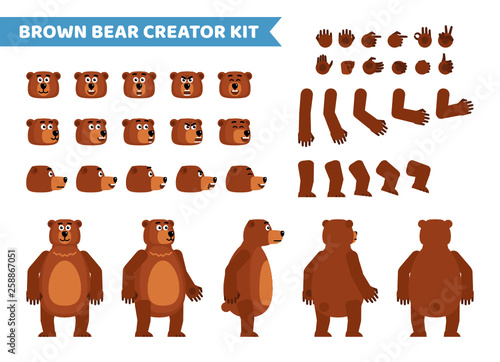 Brown bear creation set. Various gestures, emotions, diverse poses, views. Create your own pose, animation. Flat style vector illustration