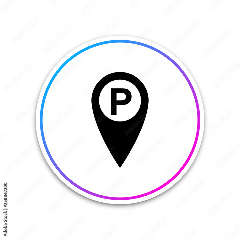 Map pointer with car parking sign isolated on white background. Circle white button. Vector Illustration Map pointer with car parking sign isolated on white background. Circle white button. Vector Illustration