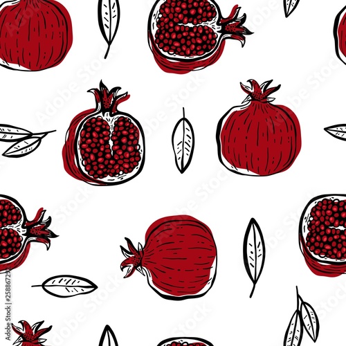 Pomegranate hand drawn seamless pattern. Vector illustration.