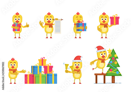 Set of cartoon chicken characters posing in different situations. Cheerful chicken holding gift box  scroll  jingle bells  decorating Christmas tree  pointing to presents. Flat vector illustration