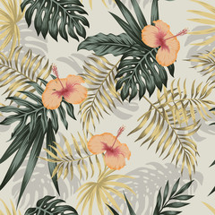 Fotobehang Hibiscus patronen Goudgroene hibiscus planten beige achtergrond  © berry2046