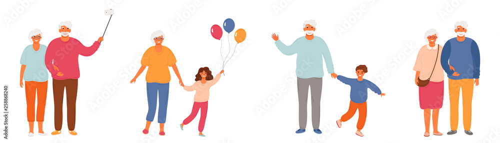 Set of healthy active lifestyle seniors. Elderly people characters. Modern Grandfather And Grandmother.