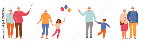 Set of healthy active lifestyle seniors. Elderly people characters. Modern Grandfather And Grandmother.