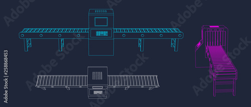 Empty conveyor belt with monitor. Vector outline illustration
