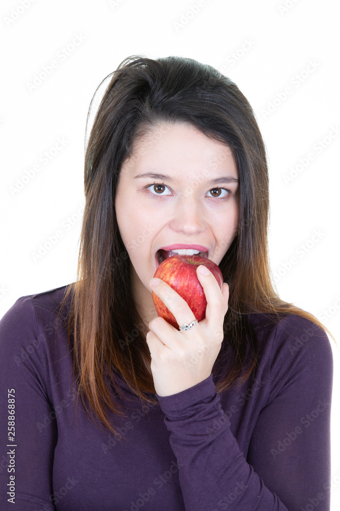 portrait of happy young woman eat red apple portrait of happy young woman eat red apple