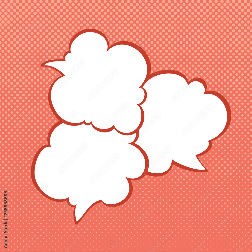 Three speech Bubbles on Coral Pop Art Background with Dots , Conversation on Halftone Retro Style Background, Vector Illustration