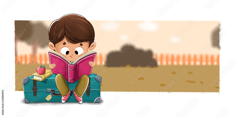 Niño leyendo sentado en una maleta en el parque - obrazy, fototapety, plakaty 