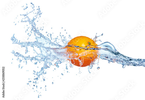 fresh orange fruit in water splash isolated on white background