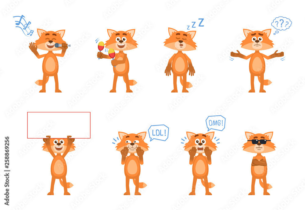 Set of cartoon fox characters posing in different situations. Cheerful fox  karaoke singing, dancing, sleeping, thinking, holding banner, laughing,  surprised, serious. Simple vector illustration Stock Vector | Adobe Stock