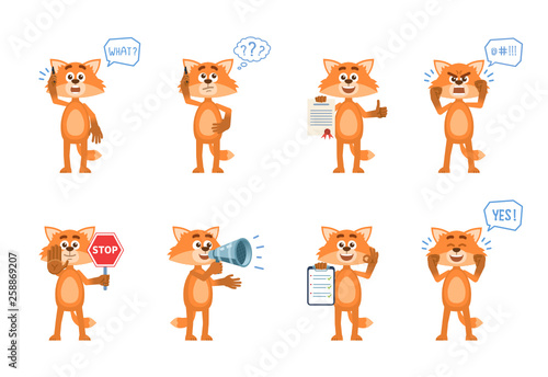 Set of cartoon fox characters posing in different situations. Cheerful fox talking on phone, thinking, surprised, angry, holding stop sign, loudspeaker, document, clipboard. Flat vector illustration