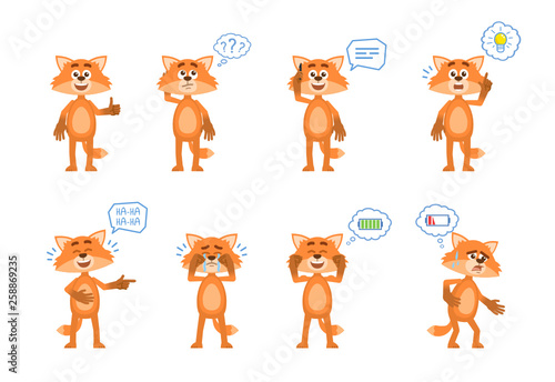 Set of cartoon fox characters posing in different situations. Cheerful fox talking on phone, thinking, pointing up, laughing, crying, tired, full of energy. Flat vector illustration
