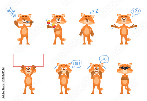 Set of cartoon fox characters posing in different situations. Cheerful fox karaoke singing, dancing, sleeping, thinking, holding banner, laughing, surprised, serious. Simple vector illustration