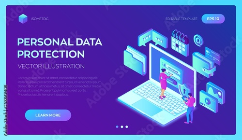 Data protection. Laptop with authorization form on screen, personal data protection. User male and female character. Data access, login form on screen. 3d isometric design. Vector illustration.