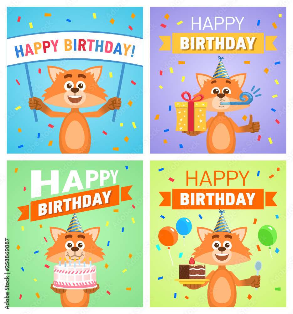 Fototapeta premium Set of different birthday posters. Birthday greeting card, placard. Cheerful cartoon fox character holding gift box, present, cake, pie, banner. Birthday celebration. Flat vector illustration