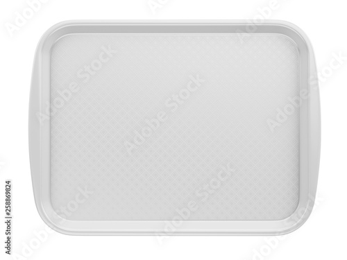 Front view of Empty White Plastic Tray salver with Handles Isolated On White. 3d rendering