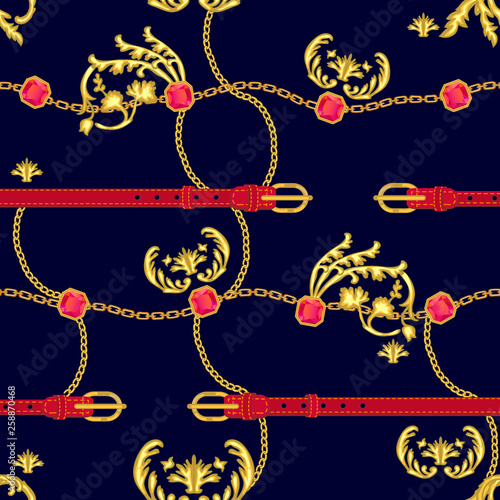 Print with golden chains and damask elements.