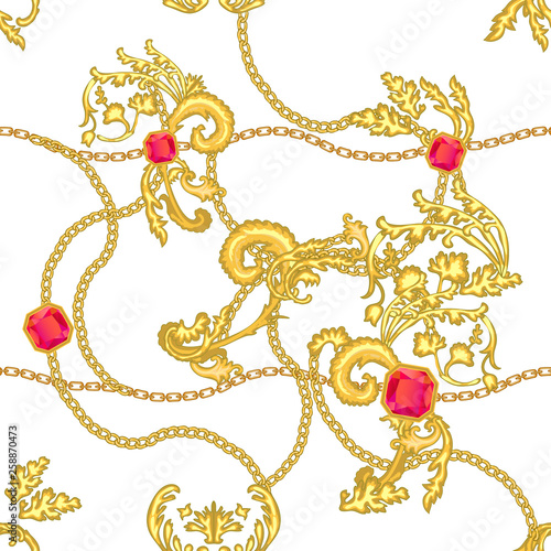 Print with golden chains and damask elements.