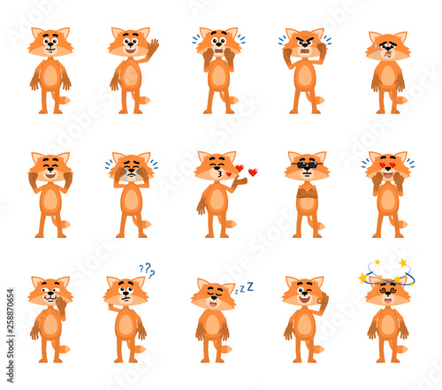 Set of cartoon fox characters showing diverse emotions. Funny fox laughing, crying, angry, tired, sleepy, thinking, dazed and showing other emotions. Simple vector illustration