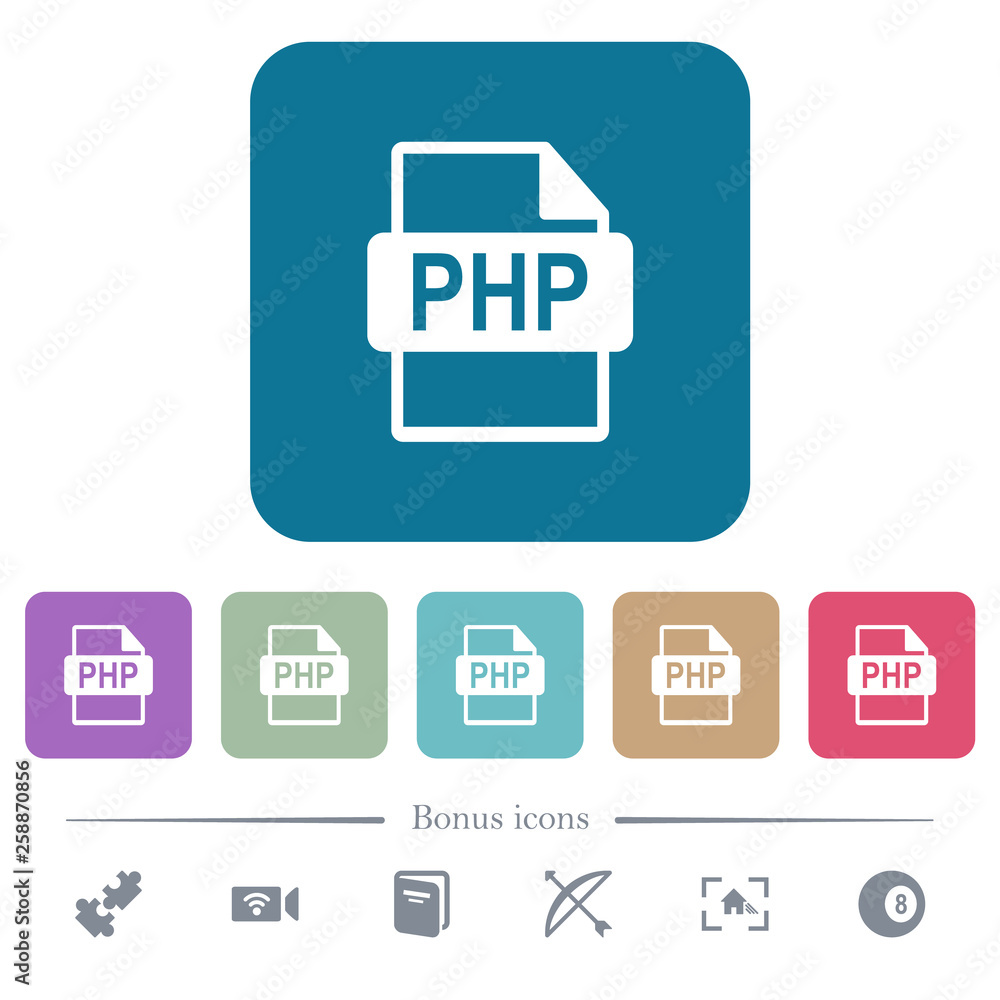 PHP file format flat icons on color rounded square backgrounds