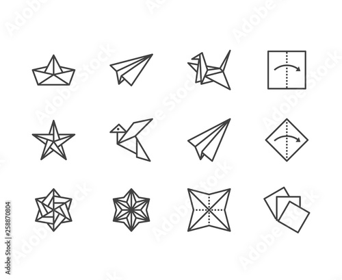 Origami flat line icons set. Paper cranes, bird, boat, plane vector illustrations. Thin signs for japanese creative hobby. Pixel perfect 64x64. Editable Strokes