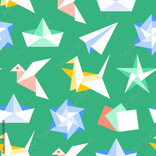 Origami seamless pattern with flat icons. Paper cranes, bird, boat, plane vector illustrations. Colored background green, red, yellow, white color signs for japanese creative hobby