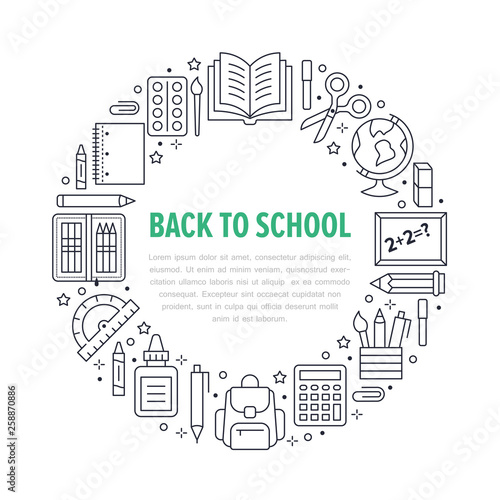 School supplies circle template with line icons set. Study tools poster - globe, calculator, book, pencil, scissors, ruler, notebook vector illustration. Thin signs for stationery sale brochure