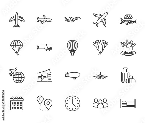 Aircraft flat line icons set. Airplane, helicopter, air taxi, skydiving, balloon, aero tube, paragliding vector illustration. Thin signs for plane tickets store. Pixel perfect 64x64. Editable Strokes
